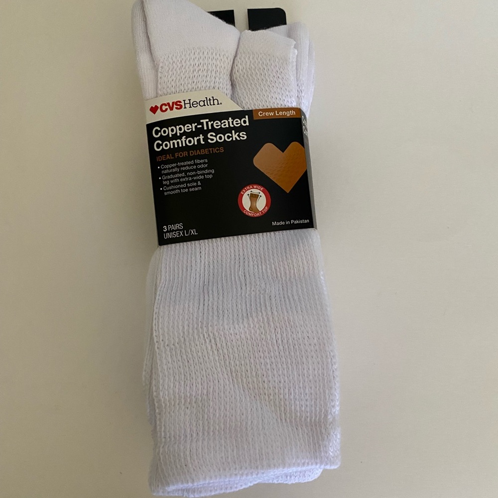3 Pairs CVS Copper Treated  White Socks Size L